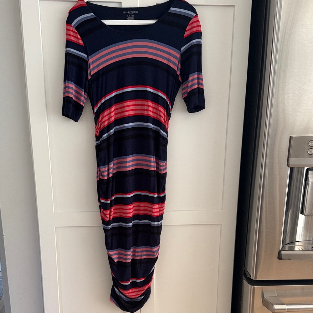 Maternity Dress-Multicolor Striped Long Sleeve Dress